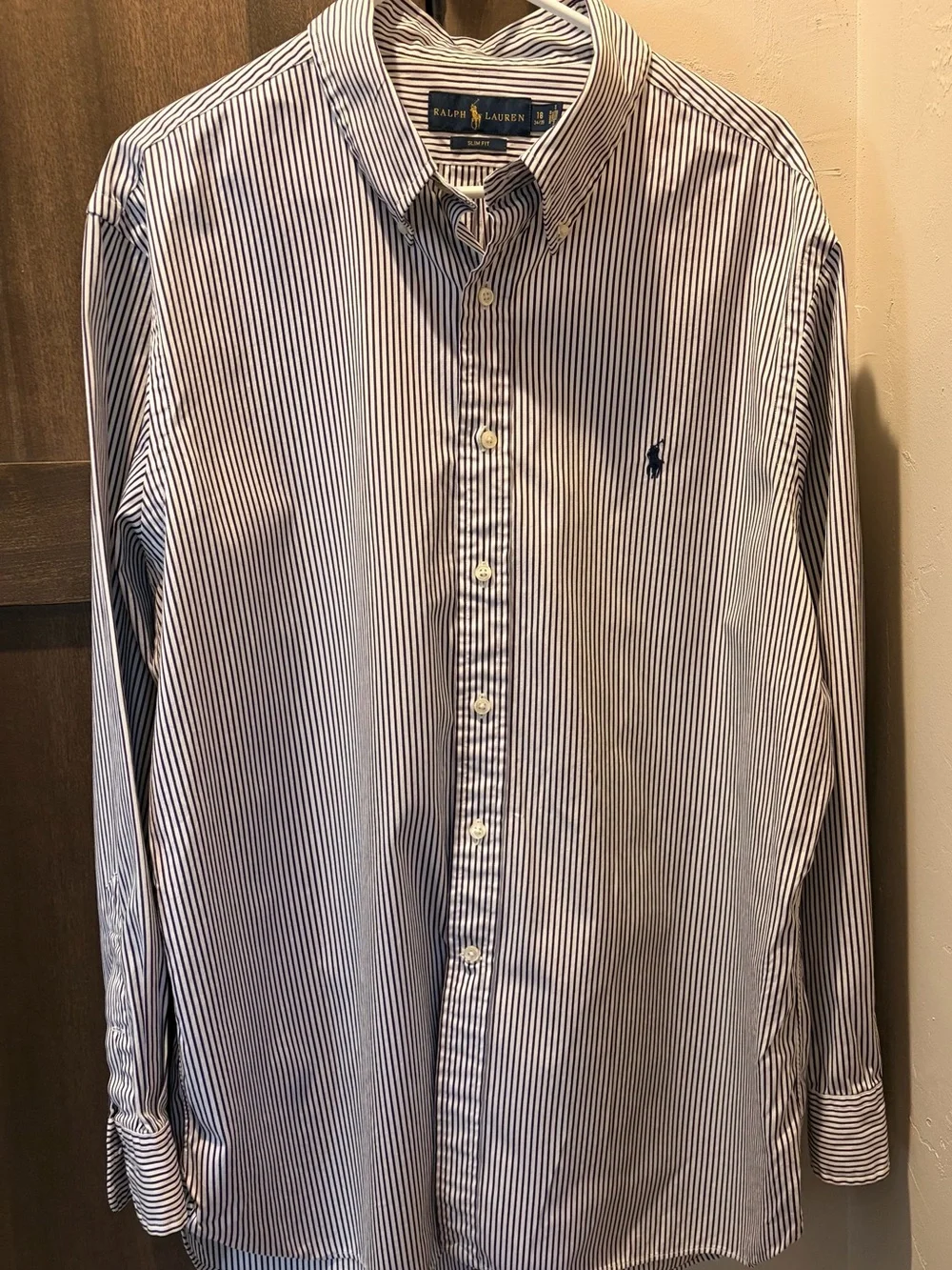 Ralph Lauren Men’s 18 Slim Fit Navy Stripe Button-Up Shirt